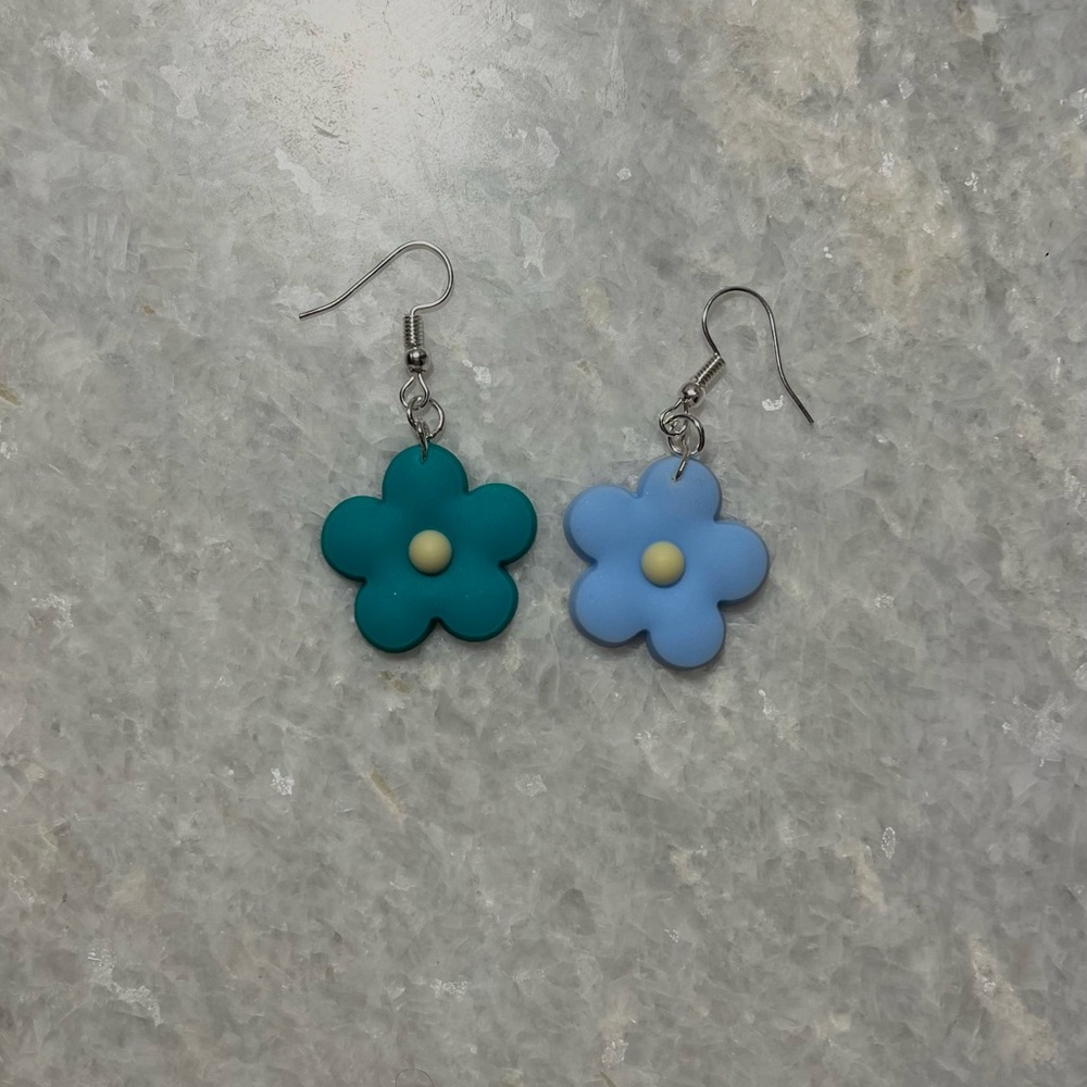 handmade Rubber teal and blue flower hook earrings with backs